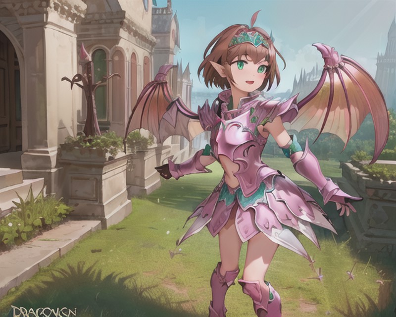 A woman wearing pink armor, DragoonArmor1, (dragon wings), (symmetrical wings), epic, fantasy, rpg, solo focus,  (detailed...